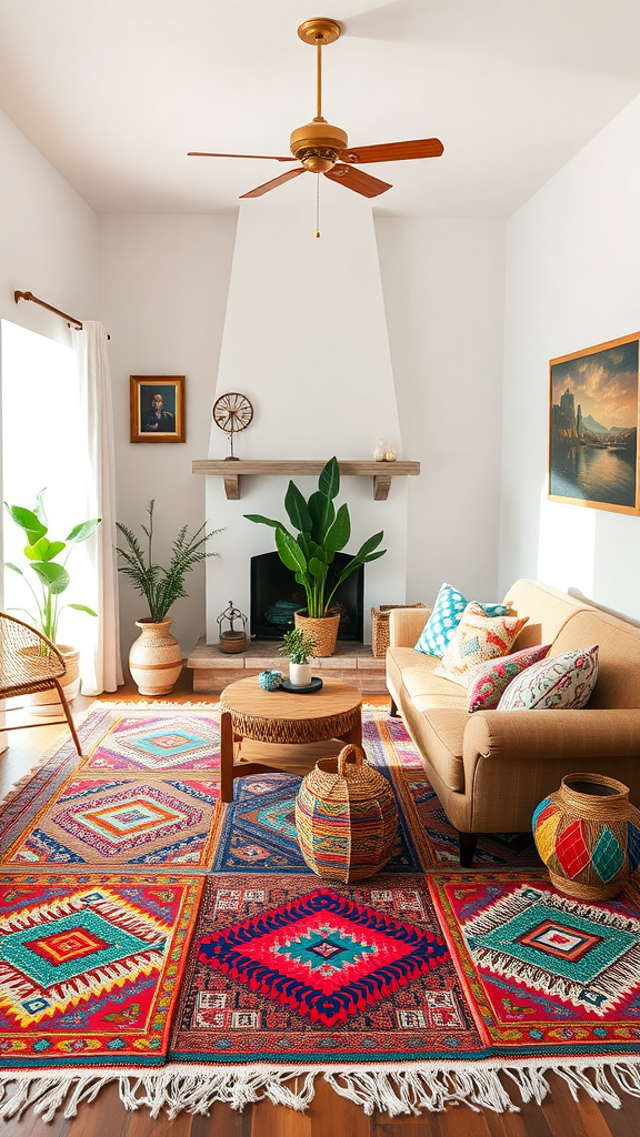 A cozy living room featuring vibrant handwoven rugs, a comfortable sofa, and potted plants.