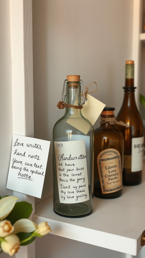 A display of vintage bottles with handwritten notes, perfect for Valentine's Day decoration.