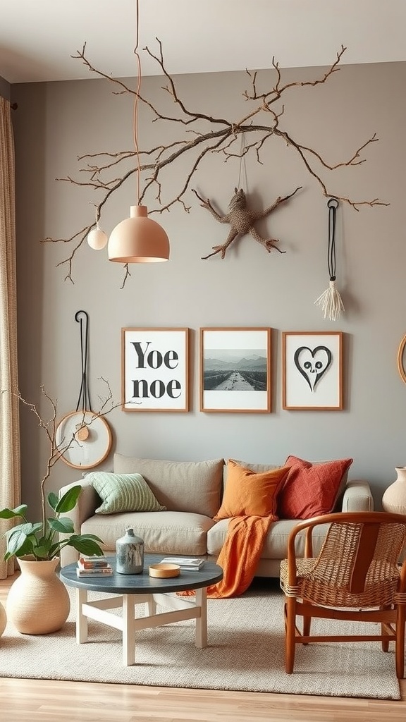 A cozy boho living room with artwork hanging from branches.