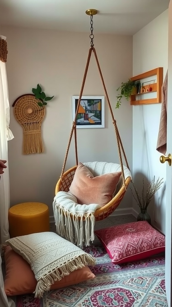 A cozy corner with a hanging chair, colorful pillows, and decorative elements.