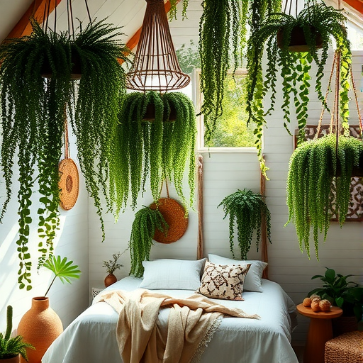 A bright room with hanging green ferns and a cozy bed, creating a refreshing and inviting atmosphere.