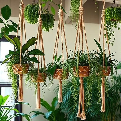 A collection of hanging macrame planters with various green plants.