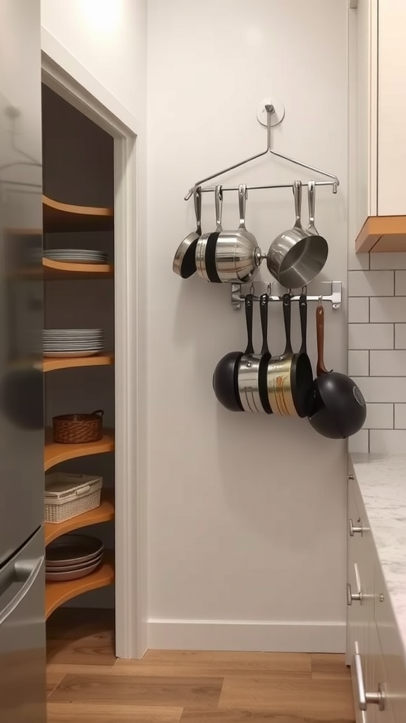 A corner kitchen pantry with a hanging pot rack and shelves.