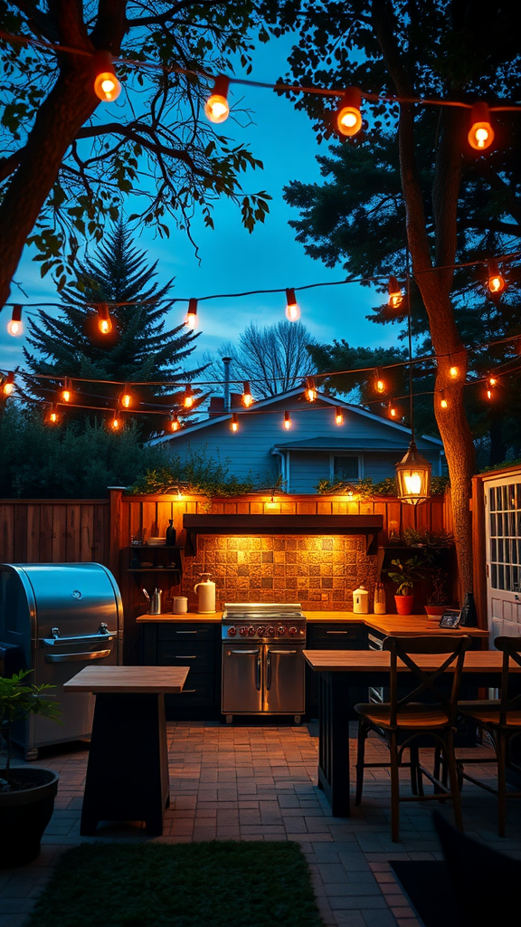 An outdoor kitchen with hanging string lights illuminating the area at dusk.