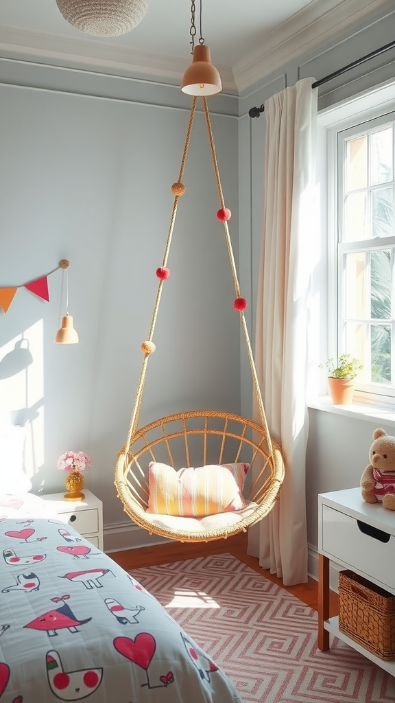 A cozy hanging swing chair in a bright, cheerful bedroom.