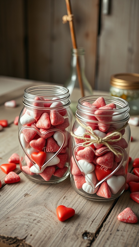 Heart-shaped mason jars filled with colorful heart candies on a wooden table.