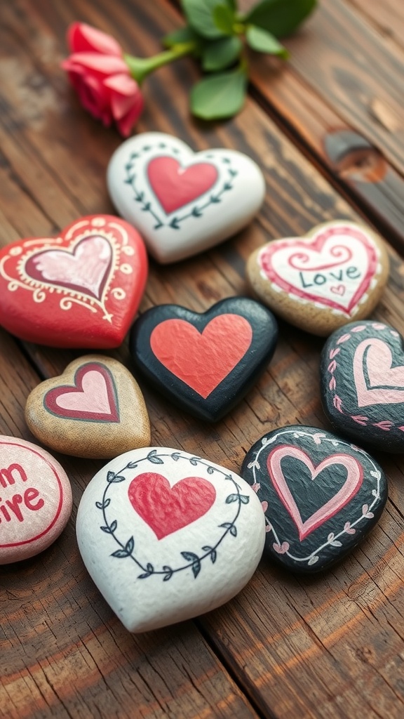 Decorative heart-shaped stones painted in various colors and designs, arranged on a wooden surface with a rose