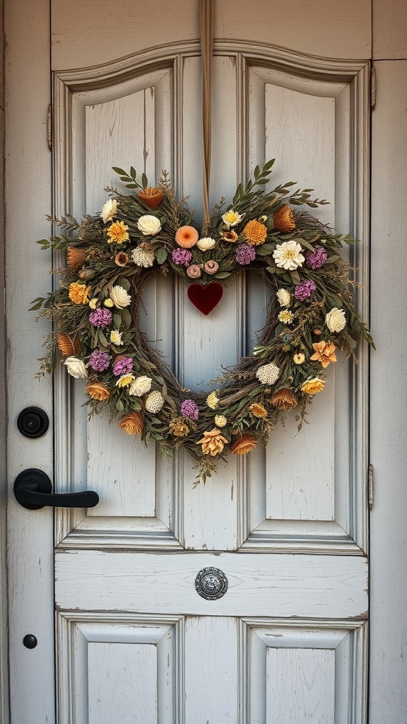 A heart-shaped wreath made of dried flowers hanging on a door.