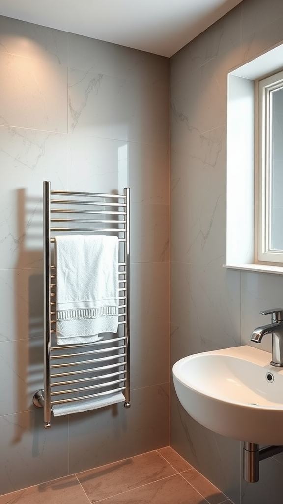 A modern heated towel rack holding white towels in a warm-tone bathroom setting.