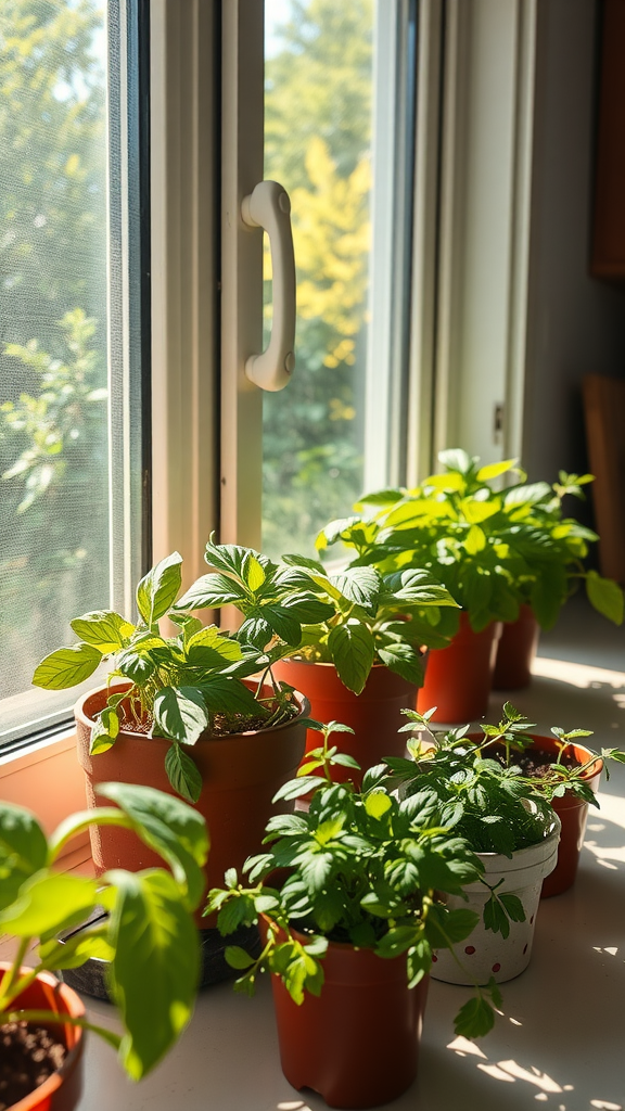 A sunlit kitchen window with several potted herbs growing on the sill.