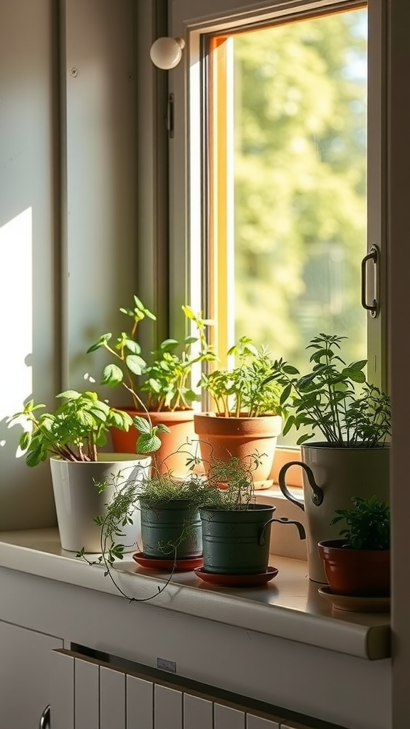 A sunny window sill with various potted herbs showcasing a vintage country cottage decor style.