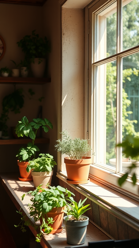 A charming windowsill filled with potted herbs in a rustic farmhouse kitchen.