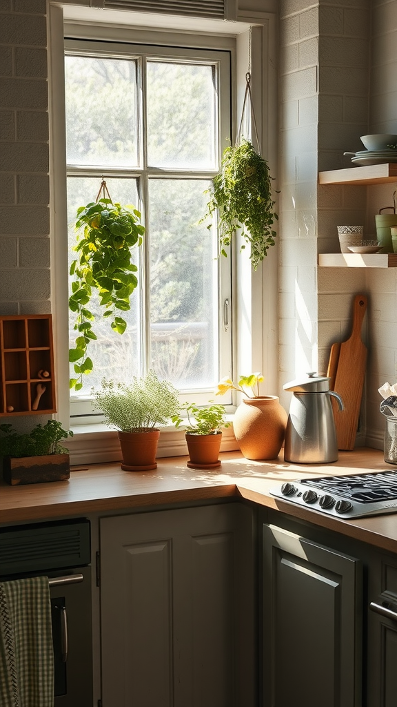 An old-world kitchen with herbs and plants by the window.