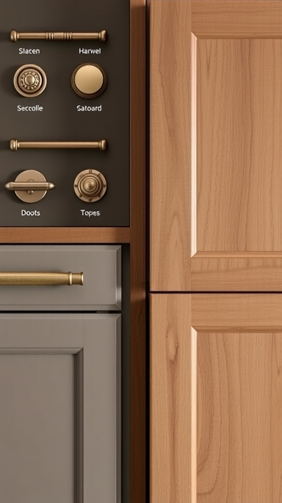 Close-up of hickory kitchen cabinets with various cabinet hardware options