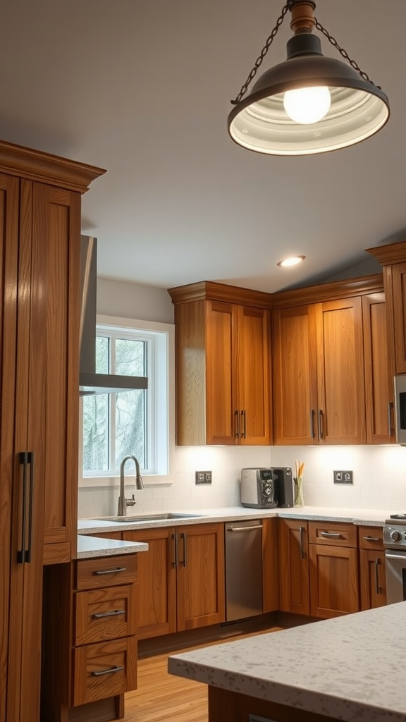 A well-lit kitchen featuring hickory cabinets and a stylish pendant light.