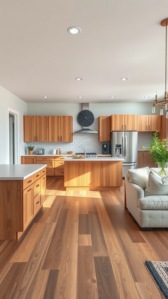 A modern kitchen featuring hickory cabinets, a spacious layout, and warm wooden flooring.