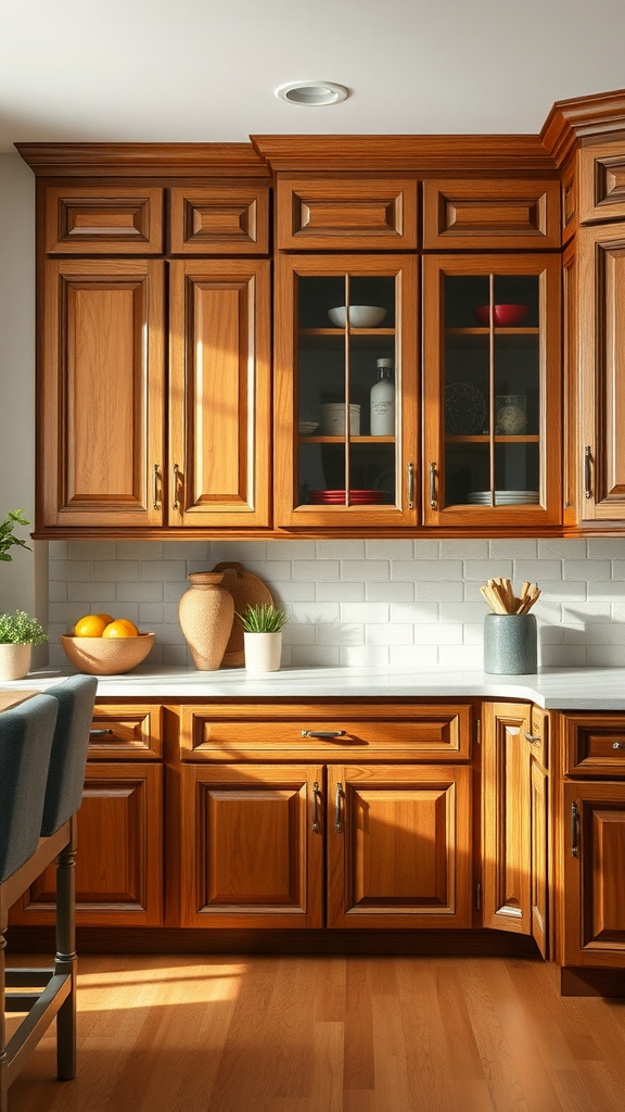 A traditional kitchen featuring hickory cabinets with glass fronts and elegant wooden details.