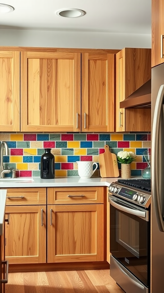 A kitchen featuring hickory cabinets and a colorful tile backsplash