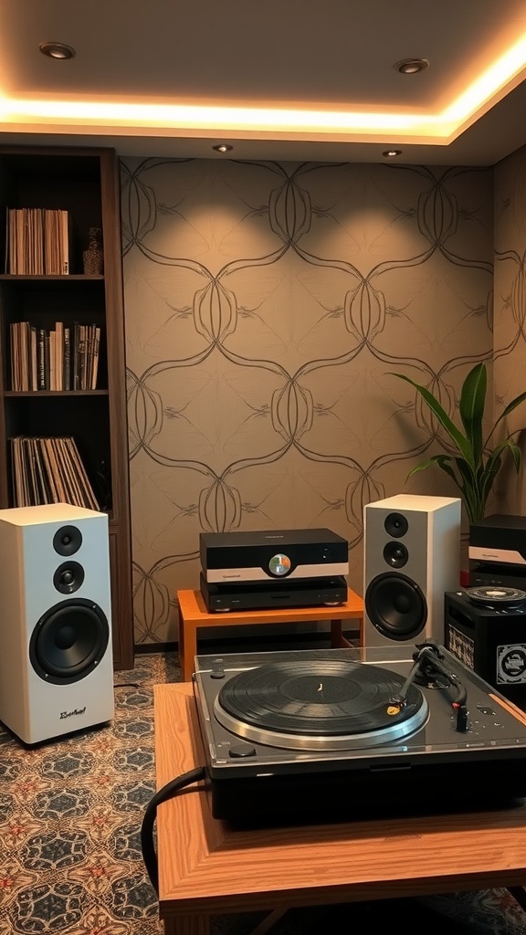 A high-end sound system setup featuring stylish speakers and a turntable in a classy man cave.