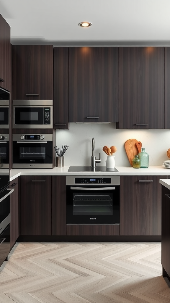 A modern kitchen with espresso cabinets and high-tech appliances.