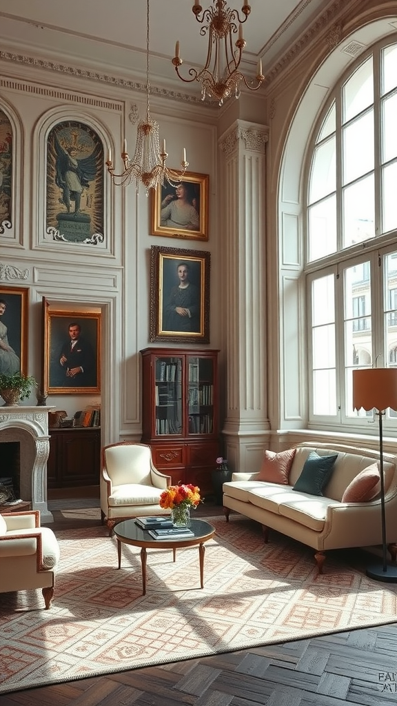 Elegant Parisian living room with high ceilings, large windows, and classic decor.