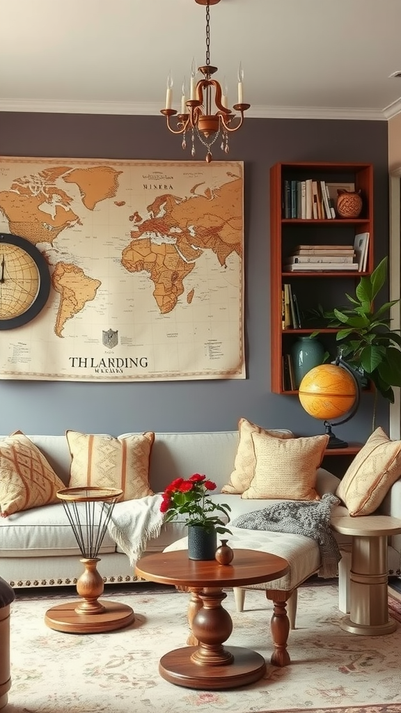 Cozy living room featuring a vintage map, globe, and wooden furniture.