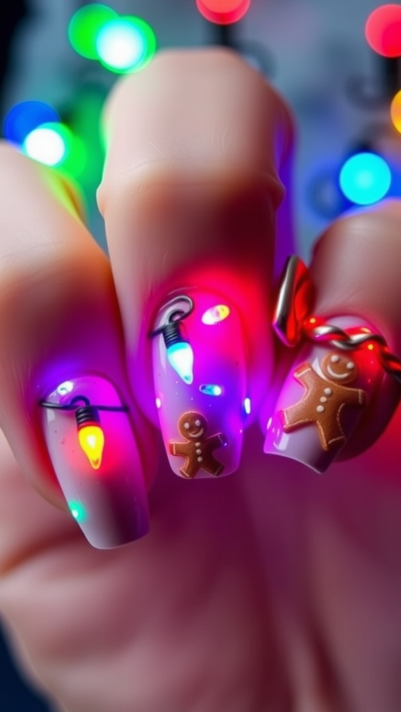 Close-up of festive nails decorated with holiday lights and gingerbread designs.