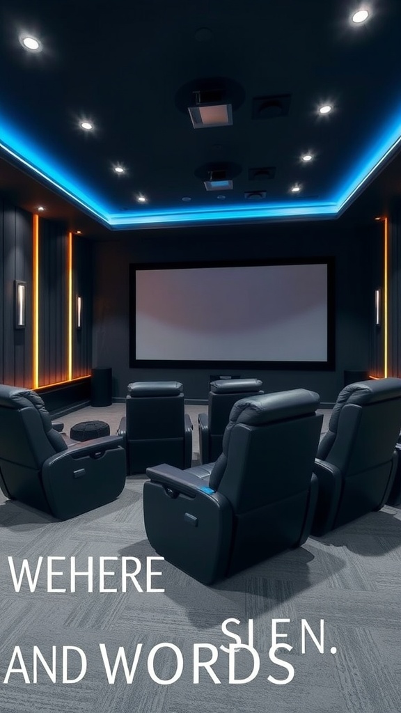 Home theater with recliners and a large screen, showcasing a stylish interior.