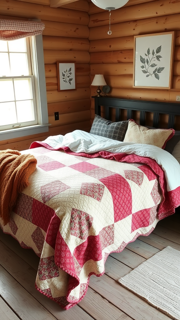 A beautifully made quilt on a bed with a cozy atmosphere.