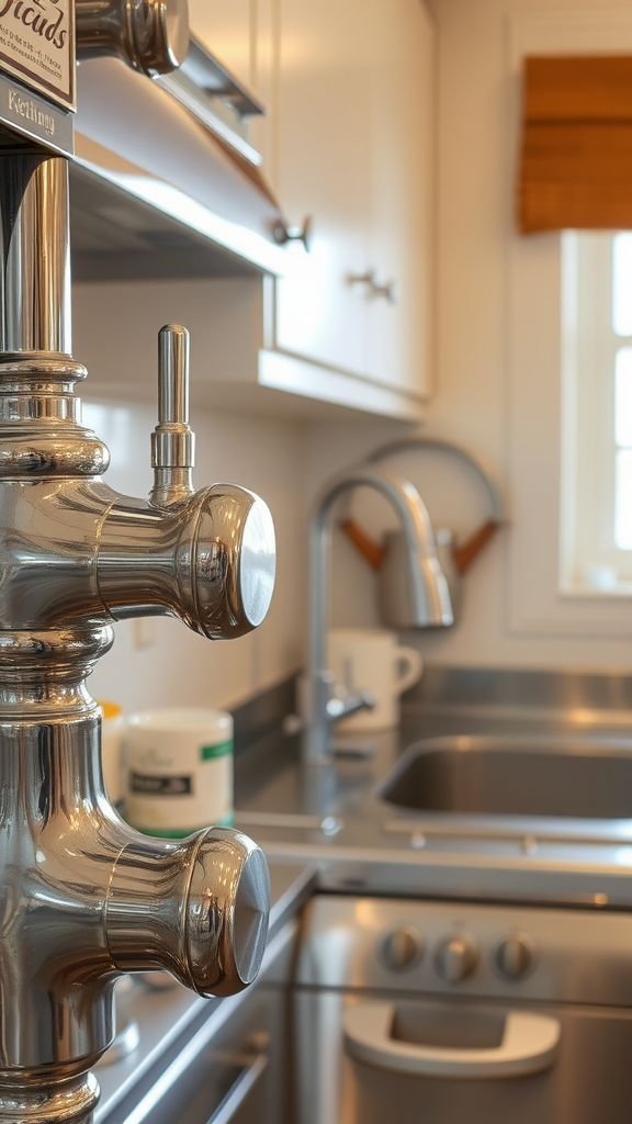 A bright 1950s kitchen featuring chrome fixtures and colorful cabinetry.