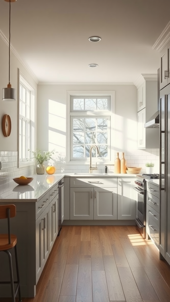 Bright kitchen with light gray cabinets and natural light streaming through the windows.