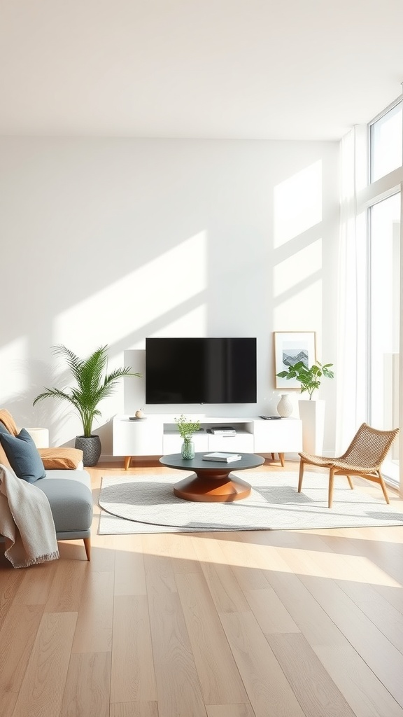 Minimalist spring living room with light colors and plants.