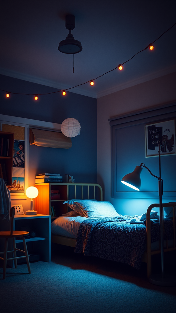 Stylish dorm room with cozy lighting fixtures, including string lights and a modern lamp.