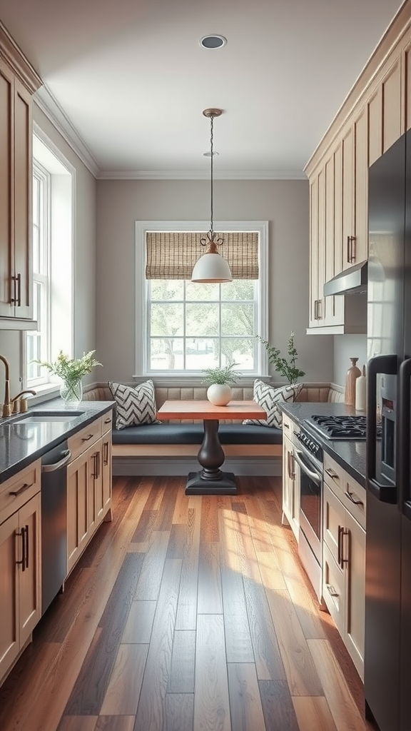 A narrow kitchen with a cozy breakfast nook and a small table next to a kitchen island.