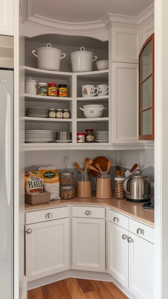 Cozy corner kitchen pantry with organized shelves and a comfortable seating area.