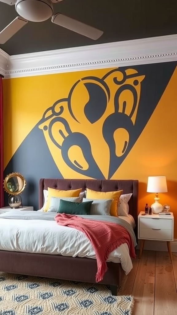 A stylish bedroom with a feature wall painted in yellow and gray, featuring abstract designs.