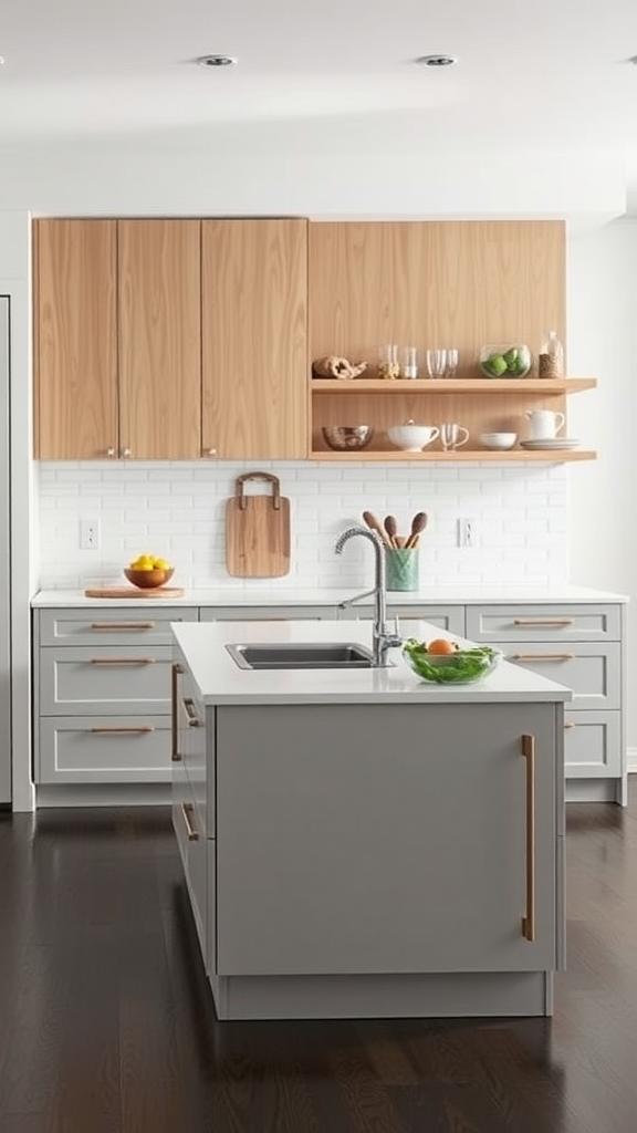 A modern kitchen featuring a narrow island with a prep sink.