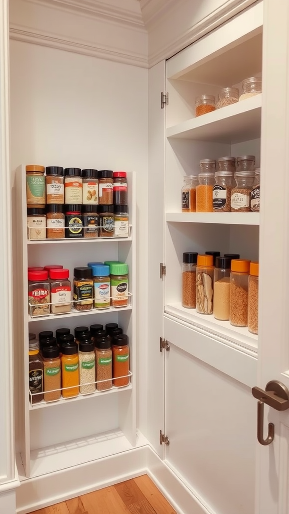 A well-organized corner kitchen pantry with a spice rack displaying various spices and jars.