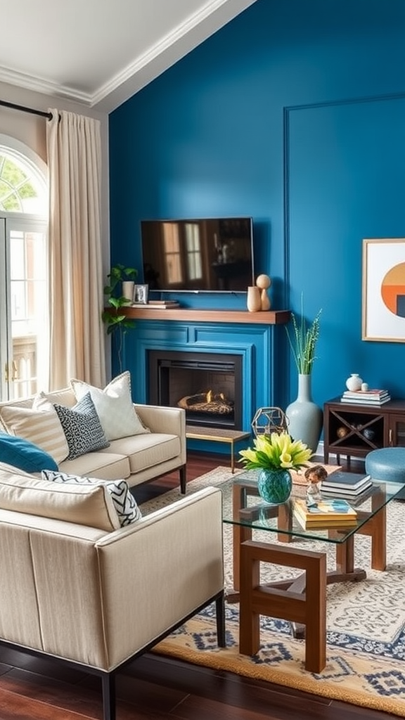 Living room with a blue accent wall, white furniture, and stylish decor.