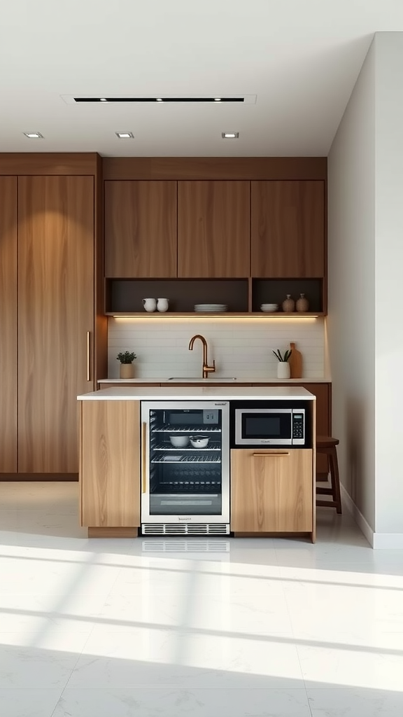 A sleek narrow kitchen island featuring built-in appliances like a microwave and a wine cooler, surrounded by warm wooden cabinetry.