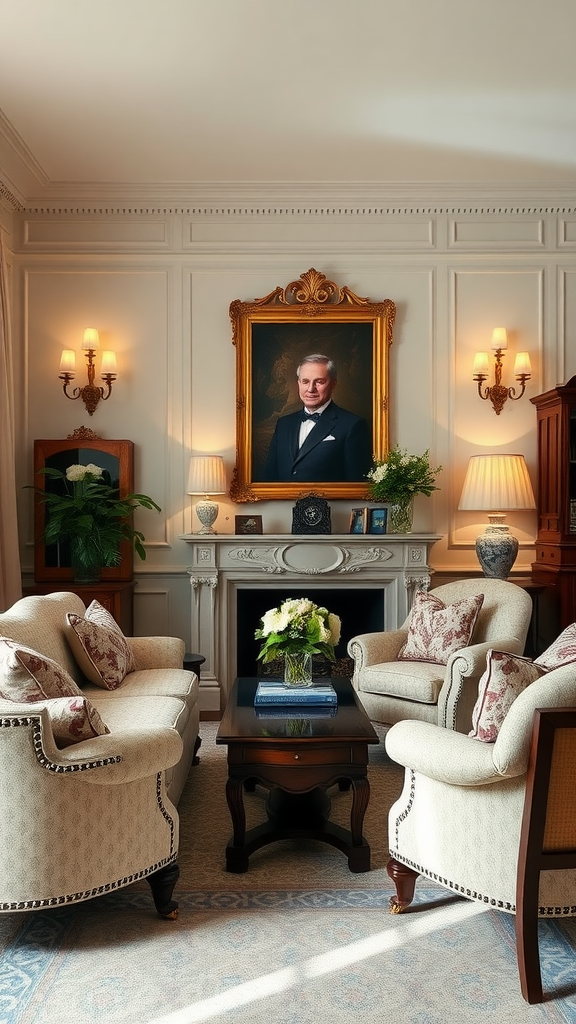 A stylish living room featuring classic lighting fixtures and elegant decor.