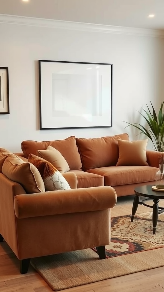 Cozy living room with a warm colored sofa and coffee table