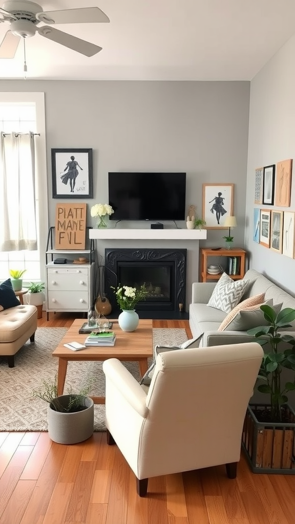 A cozy eclectic living room featuring a mix of furniture styles, plants, and artwork.