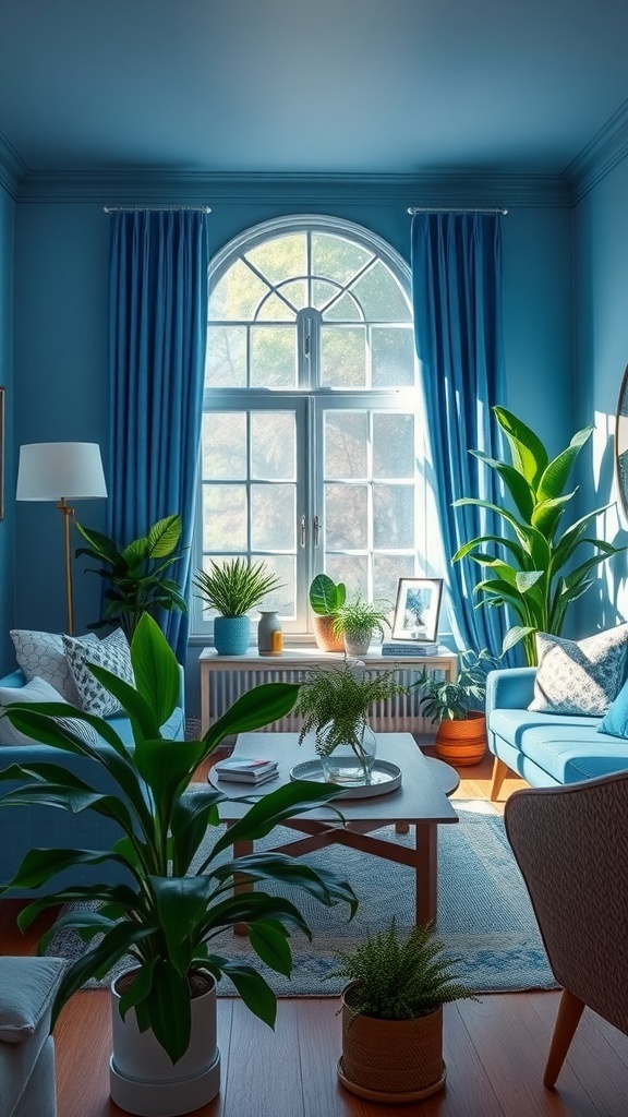 A bright blue and white living room with various green plants.