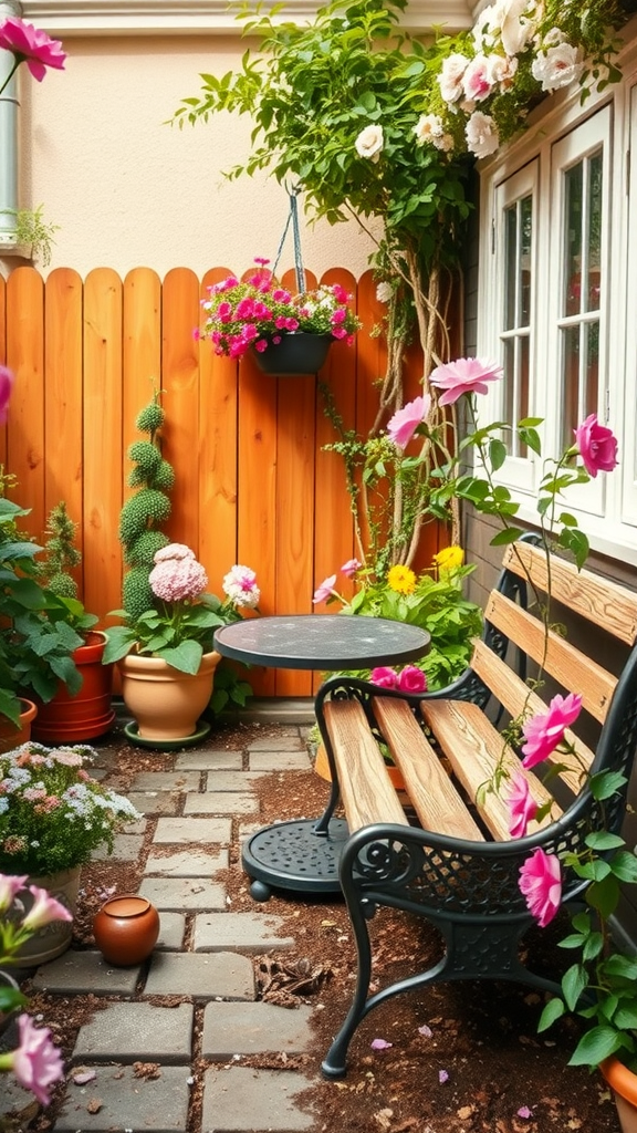 A cozy garden corner with a wooden bench and blooming flowers.