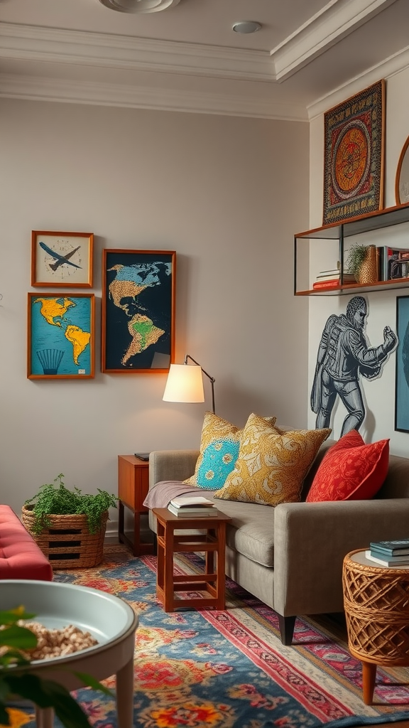 Cozy eclectic living room featuring global artifacts and vibrant decor