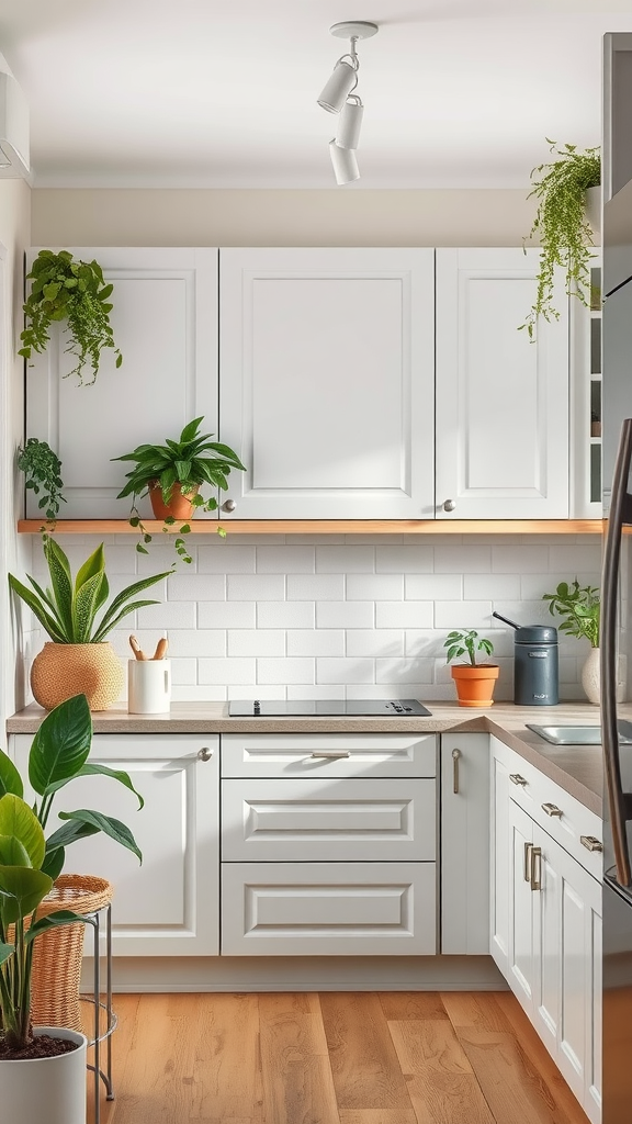 Light gray kitchen with greenery and plants on shelves