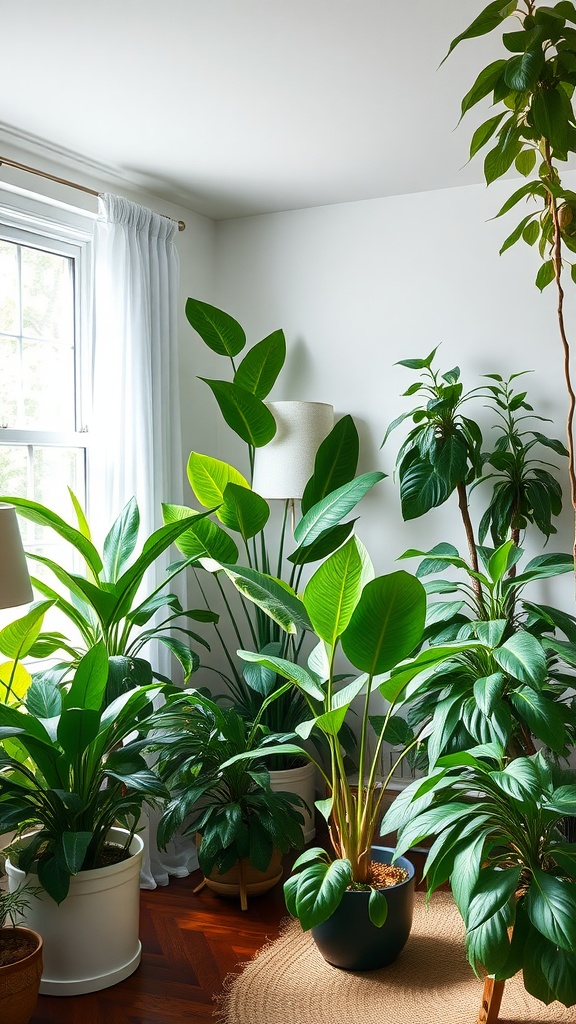 A bright and green living room filled with various indoor plants