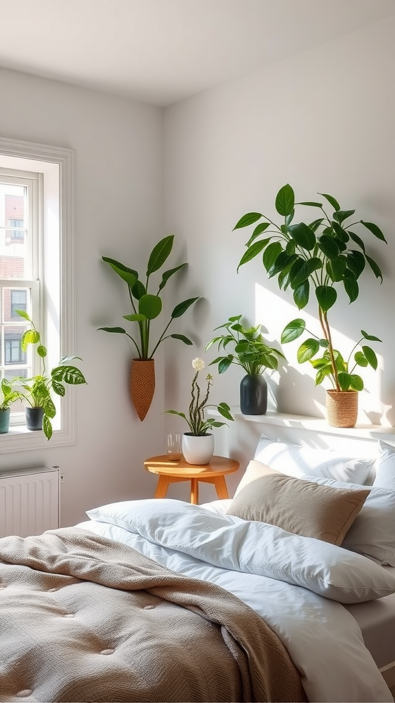 A cozy bedroom with indoor plants placed on the walls and a small table, creating a fresh and inviting atmosphere.