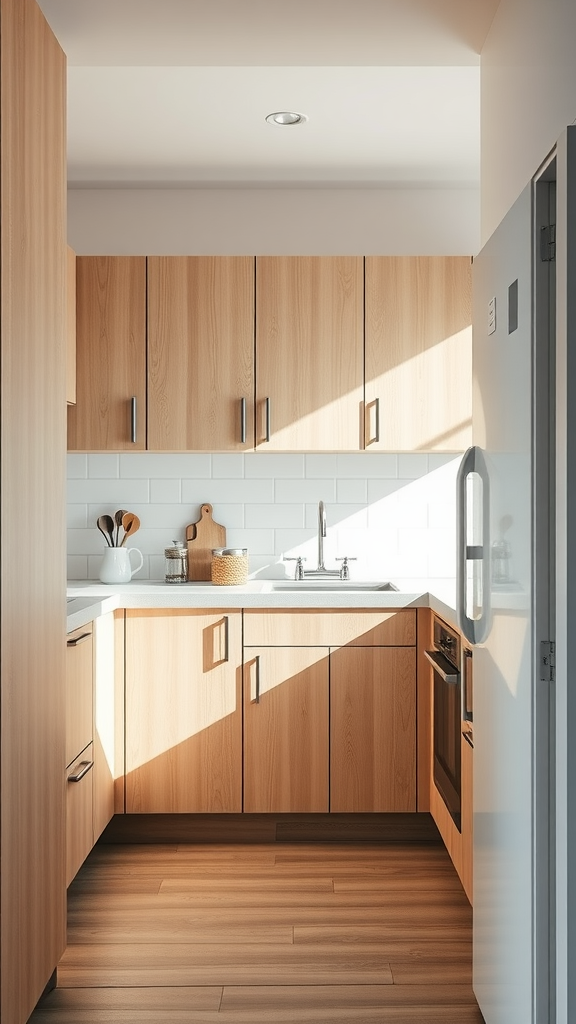 A modern small kitchen featuring lightwood cabinets and a bright, inviting atmosphere.